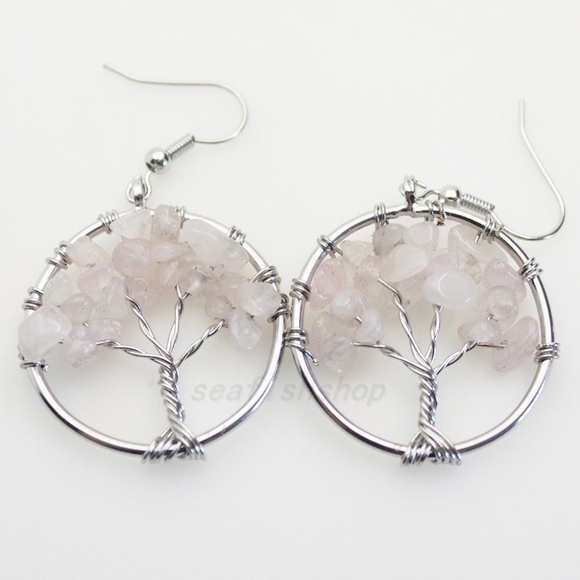 Tree of Life Jewelry - Tree of Life Pink Rose Quartz Silver Hook Earrings